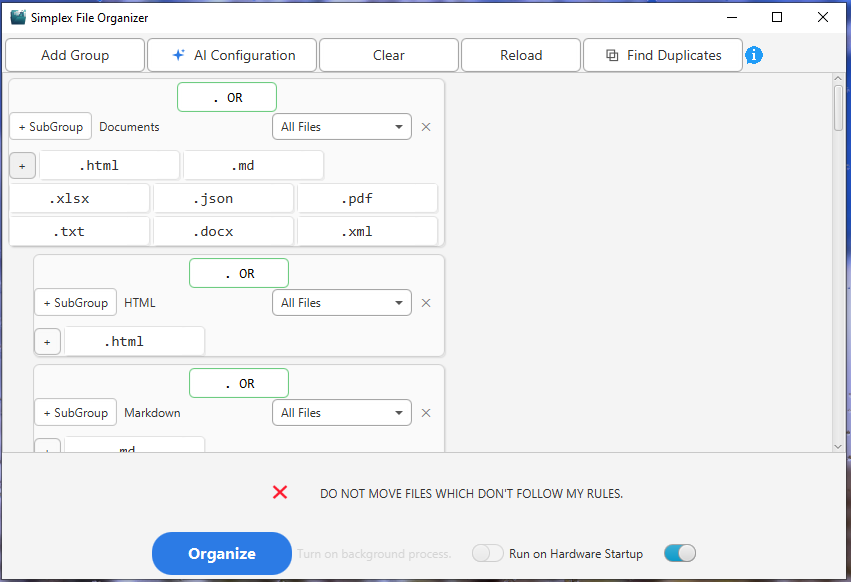 Simplex File Organizer main window showing organization rules